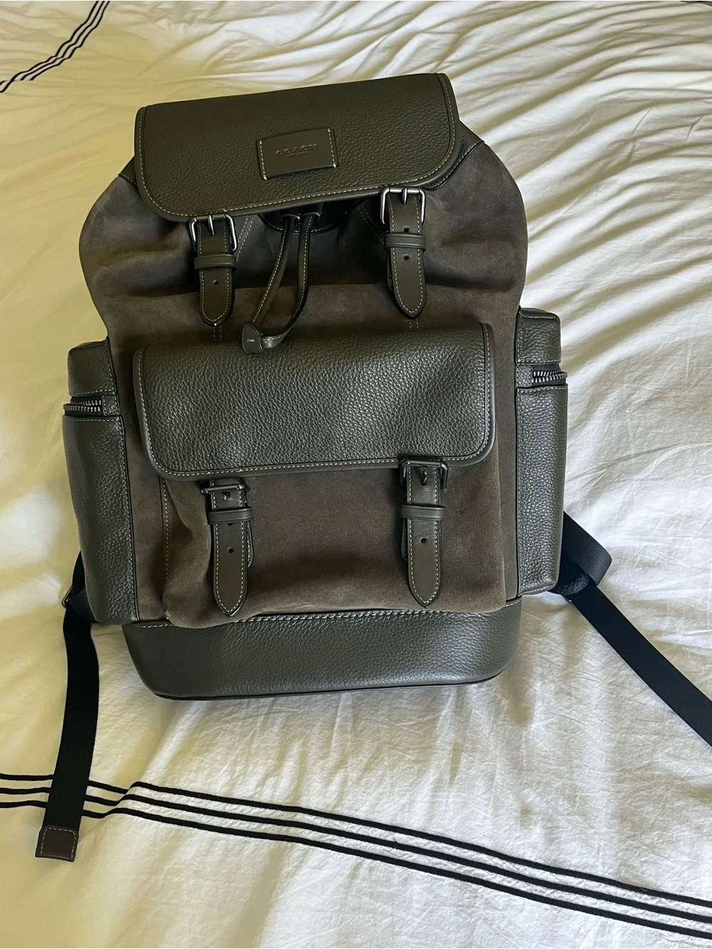 Coach Men's Olive Green Leather & Suede Drawstring Backpack